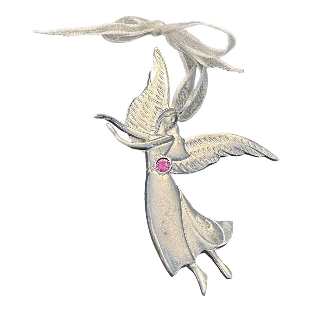 Birthstone Pewter Angel Brooch Ornament Pin Pendant October Tourmaline Crystal